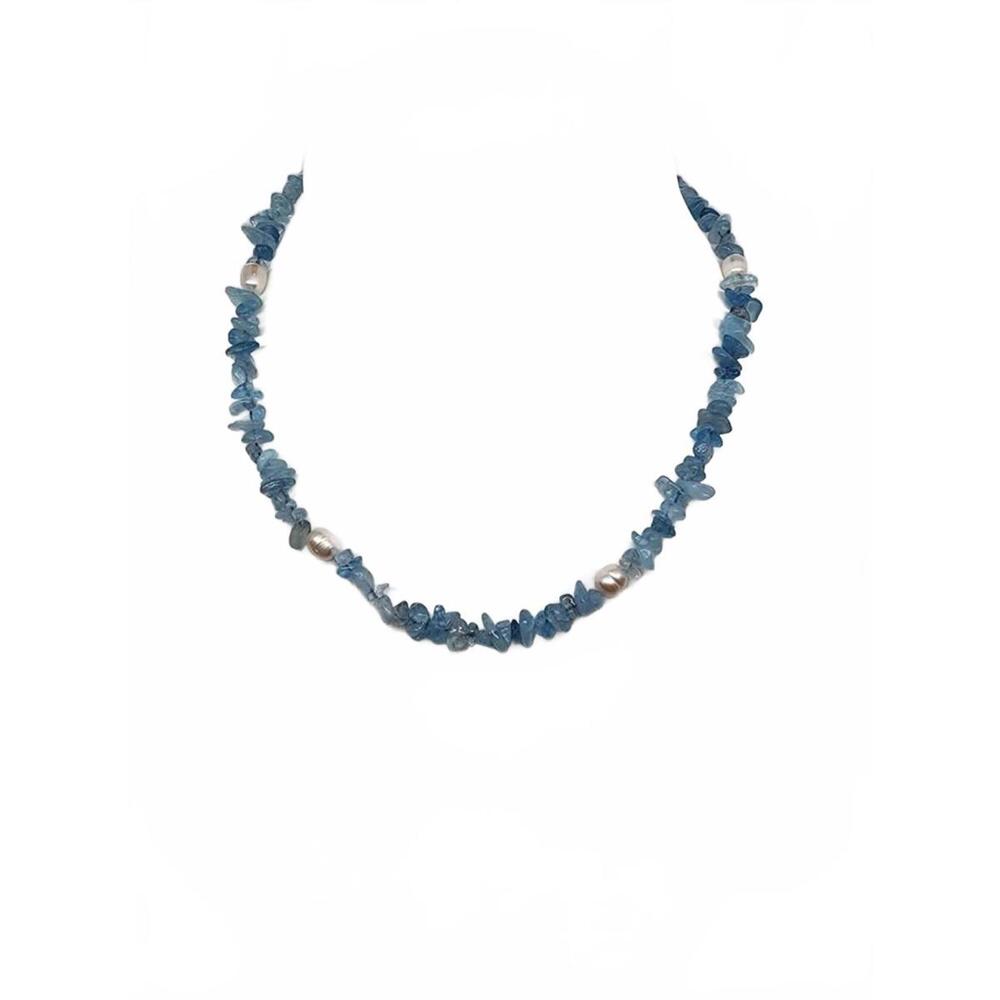 Genuine Aquamarine and Baroque Pearl Necklace